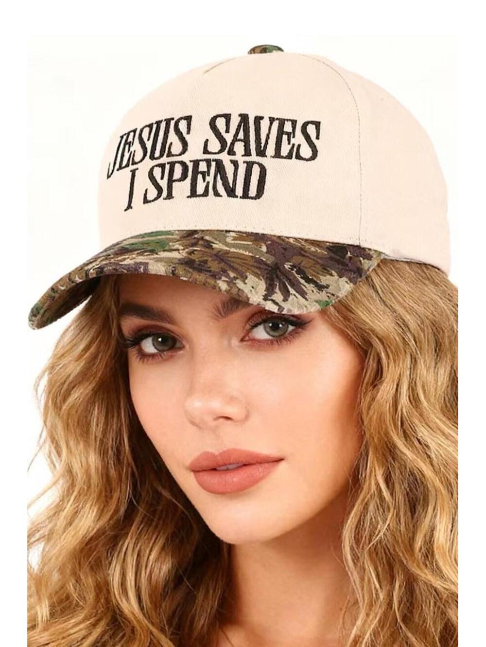 JESUS SAVES I SPEND Embroidered 2-Tone Canvas Hat Cap Adjustable Camo Design NEW